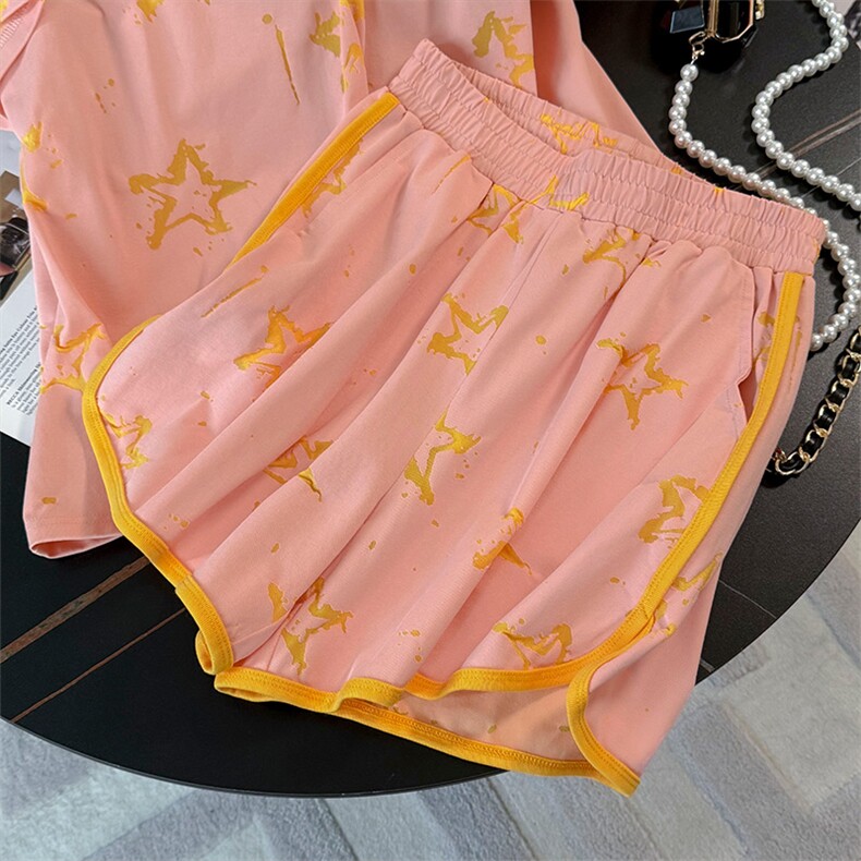 女夏季新款时尚运动百搭休闲套装洋气减龄星星印花上衣短裤两件套,女装套装/套裙,江南