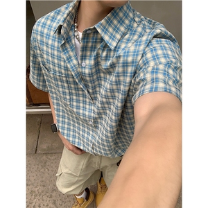 美式复古格子衬衫夏季百搭潮流男士衬衣潮流情侣装百搭短袖 P38图片