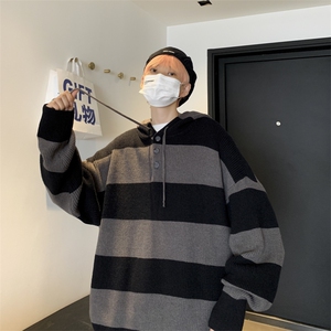 秋装美式条纹连帽毛衣男潮牌宽松慵懒风高街针织衫外套 W5881-P48图片