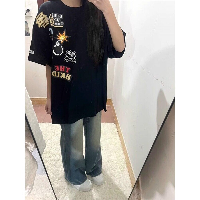 美式复古潮牌涂鸦刺绣短袖T恤男女夏季情侣宽松teeWLT6054-p40图片