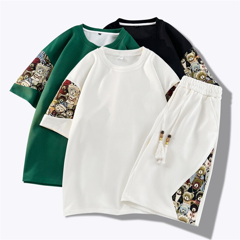 光版二开夏季刺绣套装男小熊男士休闲运动两件套A266-TZ88580-P50，男装休闲套装，电商A266