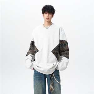 8XL-M春秋季圆领拼接撞色民族风卫衣男新款潮牌上衣服WY005P58