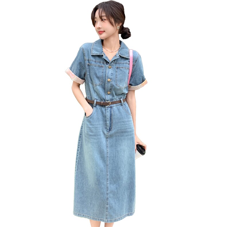 法式牛仔连衣裙女2024新款夏季长款小个子收腰女装a字裙子,女装连衣裙,纯色衣恋