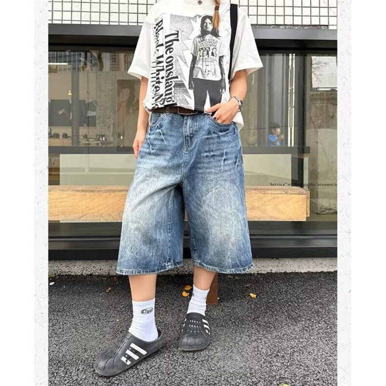 水洗闪电纹宽松七分牛仔短裤男夏季美式复古街头直筒裤LB1422-P45,男装牛仔裤,星座1008