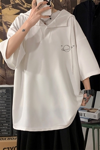 LD54238-P45 连帽短袖t恤男大码胖子带帽五分袖中袖 海报风图片