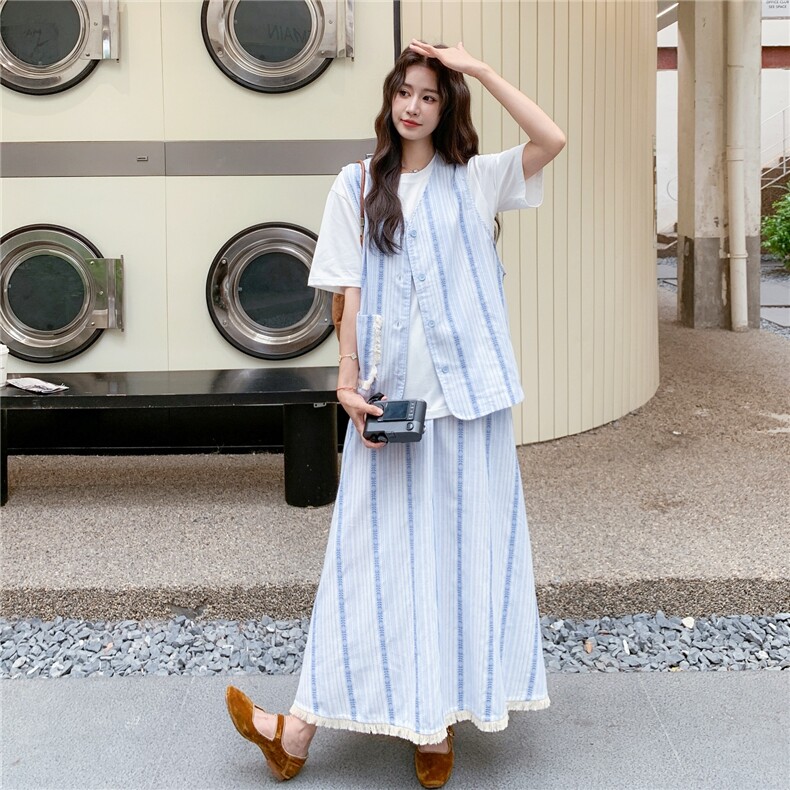 慵懒风日系条纹马甲半身裙套装女2025夏季设计感宽松T恤三件套装,女装套装/套裙,2C176
