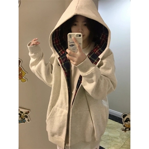 韩版复古酒红色格子卫衣男女连帽开衫设计感薄款春秋冬外套F667图片