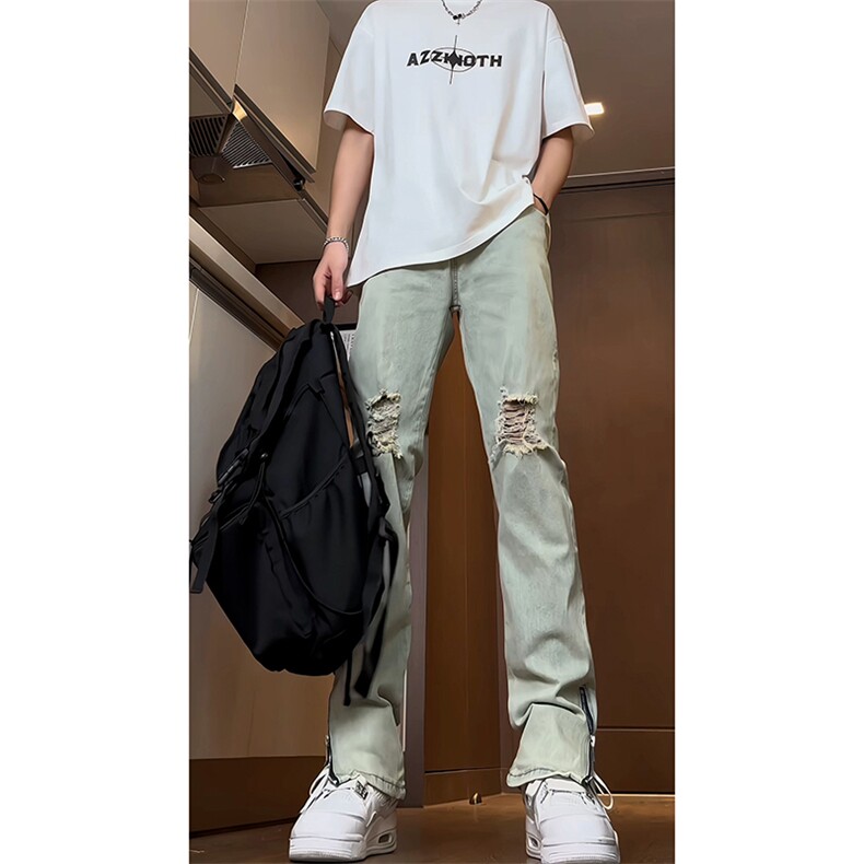 黄泥色破洞拉链微喇牛仔裤男修身直筒vintage美式高街vibe裤子夏,男装牛仔裤,电商B221