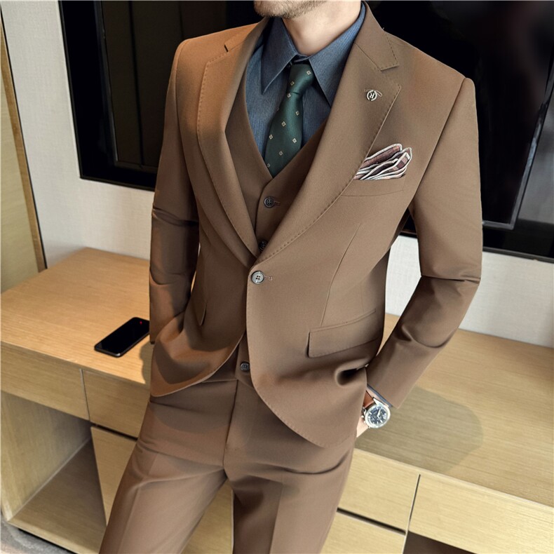 秋冬免烫抗皱色织高档面料纯色西装三件套西服中灰色SJT8065-P285,男装西服,电商A213