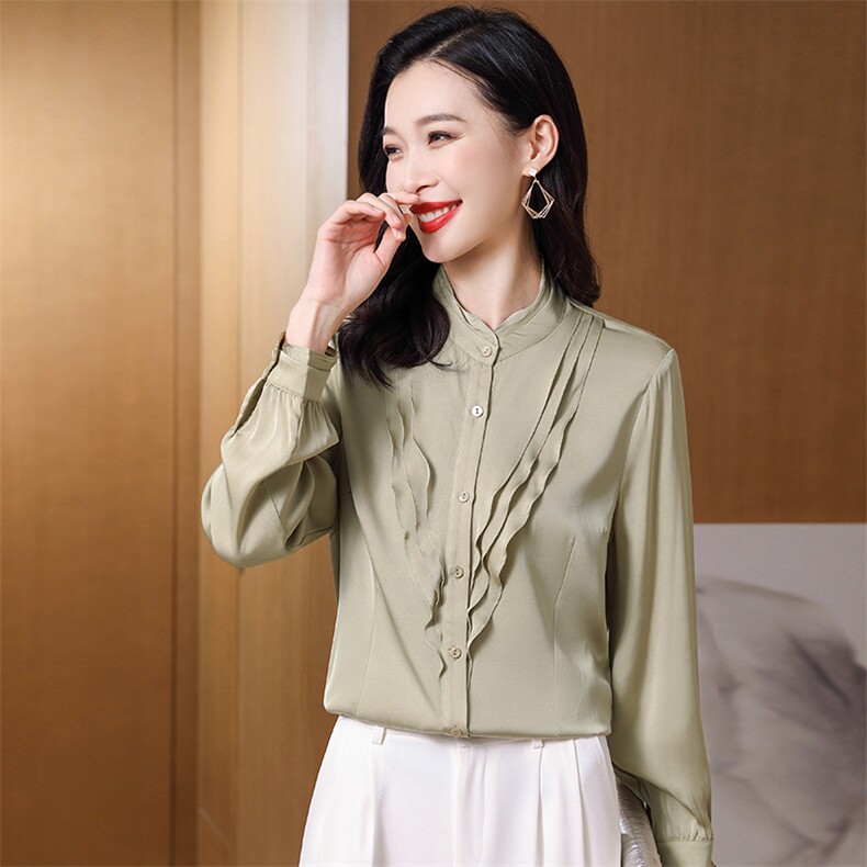 红色重磅真丝衬衫女2026春装新款立领荷叶边气质女人味真丝上衣,女装衬衫,阿舍尔精品