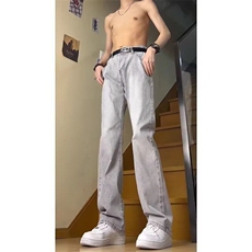水泥烟灰色弯刀牛仔裤男款直筒青少年酷帅加长裤子美式高街微喇裤，男装牛仔裤，星座1008