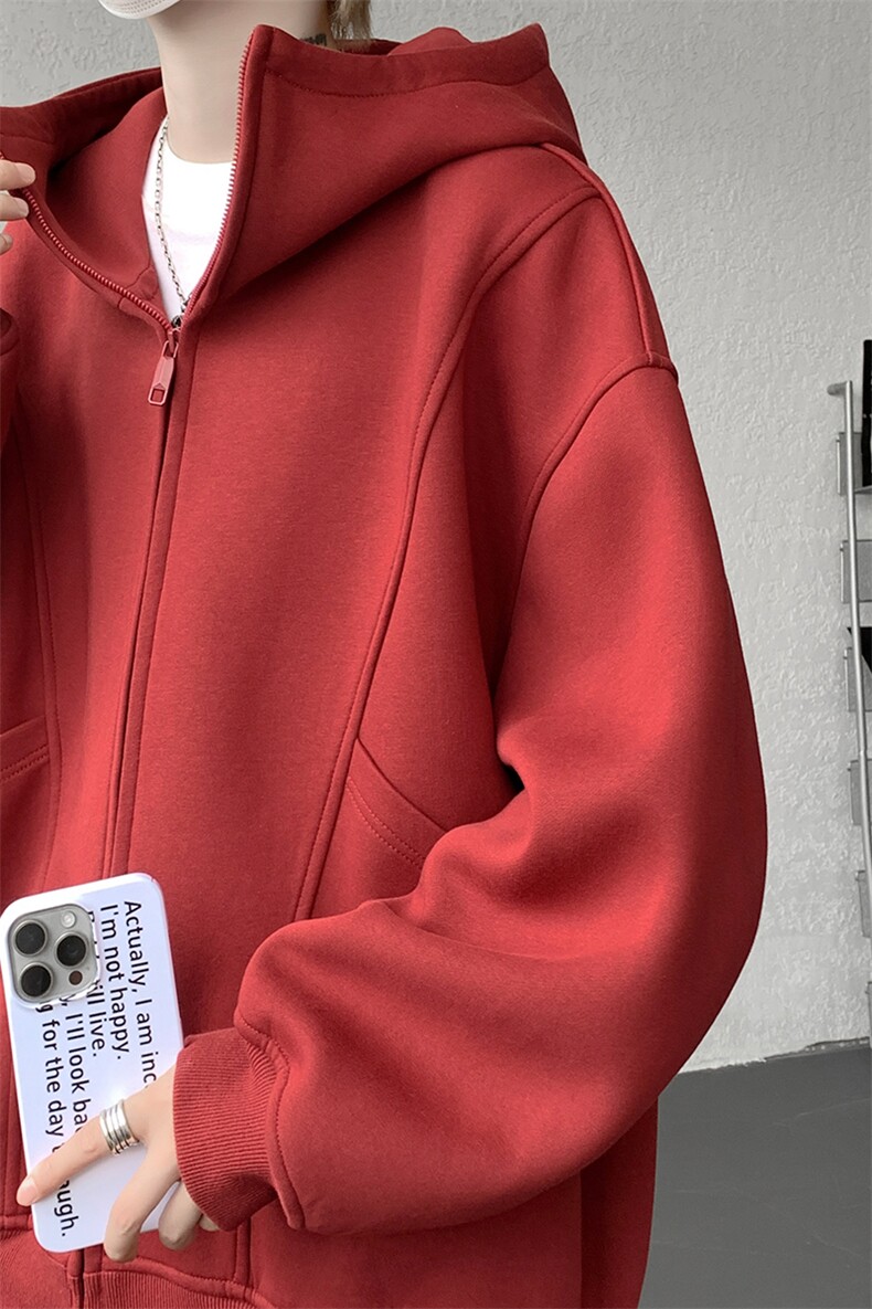 8XL-M休闲复古潮美式重磅连帽宽松安克拉红色卫衣外套WY34P8,女装短外套,电商D206-1