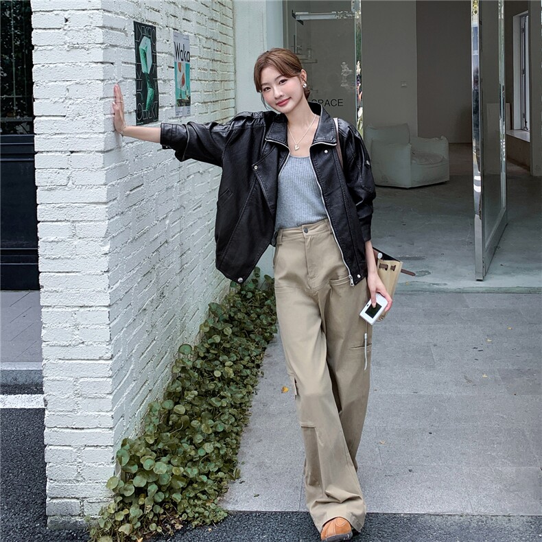 仿蛋白PU皮衣外套女2025秋季新款高级感翻领夹克女韩版时尚显瘦潮,女装皮衣,意芙