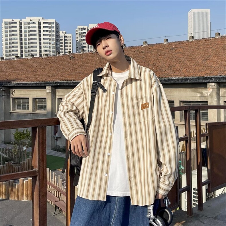 条纹衬衫男女春季ins潮百搭衬衣小众设计感宽松复古外套C2626-p33,男装衬衫,星座1008-2