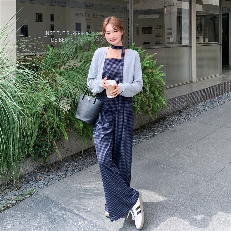 洋气时髦设计感复古格纹套装女2026春夏新款开衫吊带阔腿裤三件套,女装套装/套裙,艾米莉亚
