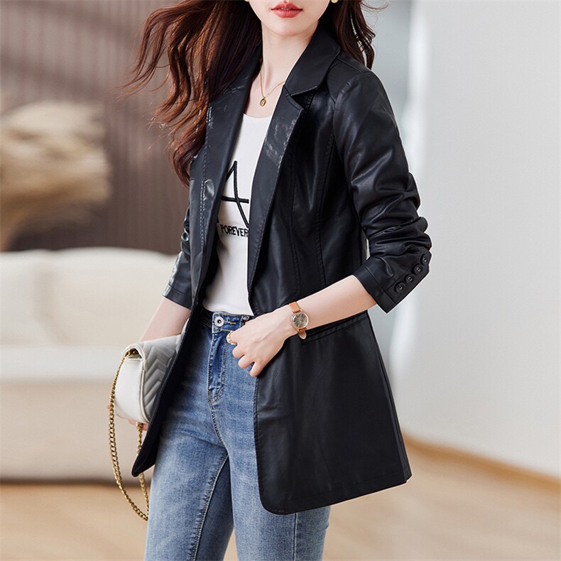 皮衣女2023年新款春秋款修身休闲西装外套收腰pu中长款西服皮夹克,女装皮衣,江南女神