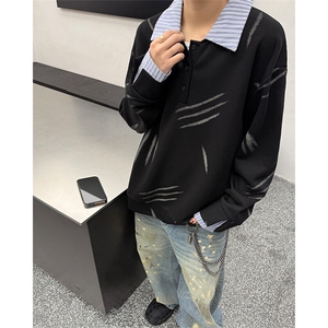 猫爪布假两件条纹拉链衬衫领休闲春款卫衣高街休闲学院卫衣特P55,格子衫连帽外套搭配图片