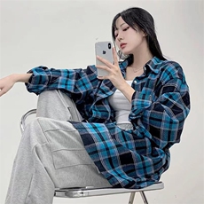 春装~情侣长袖衬衫宽松格子衬衣男女生大格纹寸衣外套，男装衬衫，星座716A-1（原星座815）