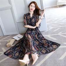 妈妈连衣裙高贵洋气中长款夏季新款高端大码民族风复古气质a字裙L，女装连衣裙，木橙西子