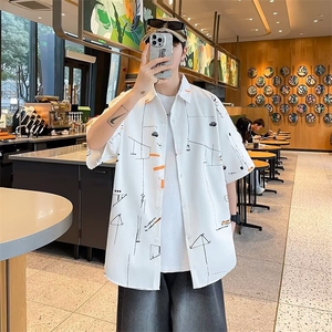 弹力布夏季男士印花短袖衬衫个性五分袖衬衣外套图片