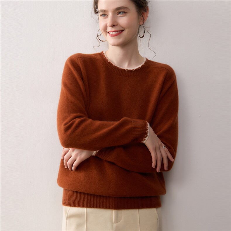 秋冬新款100%羊绒衫女圆领拼色套头毛衣宽松慵懒风针织打底上衣，女装针织衫/毛衣，暖绒情旗舰店