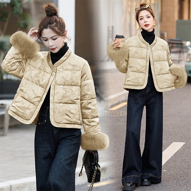 狐狸毛羽绒服女提花短外套2024冬季新款新中式白鸭绒上衣,女装羽绒服,仟媚宠