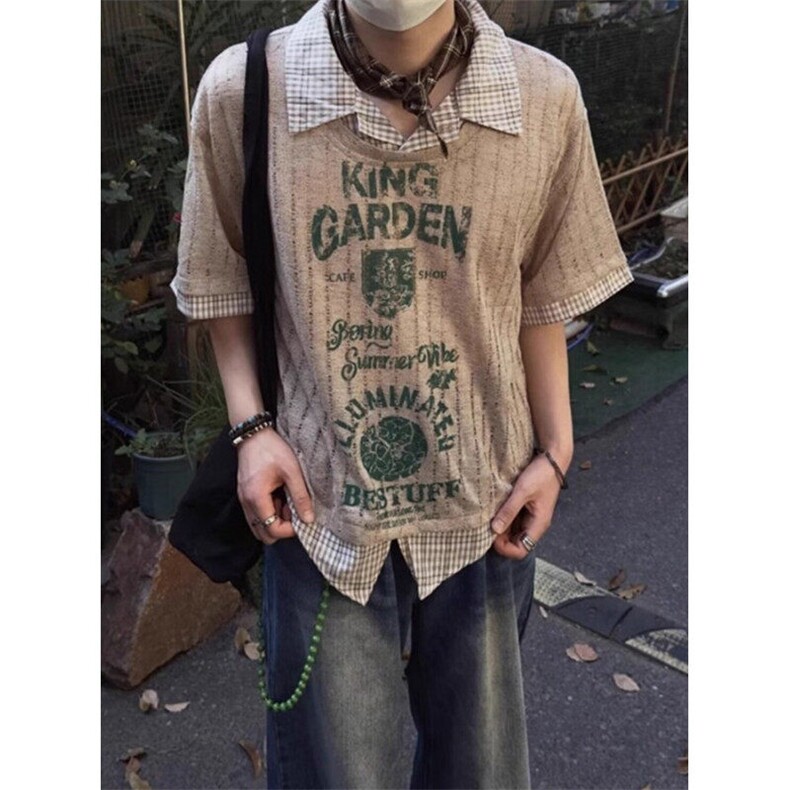 夏季美式复古字母涂鸦POLO领假两件罩衫短袖T恤上衣潮T749，男装T恤，星座1116A（原606A-3）