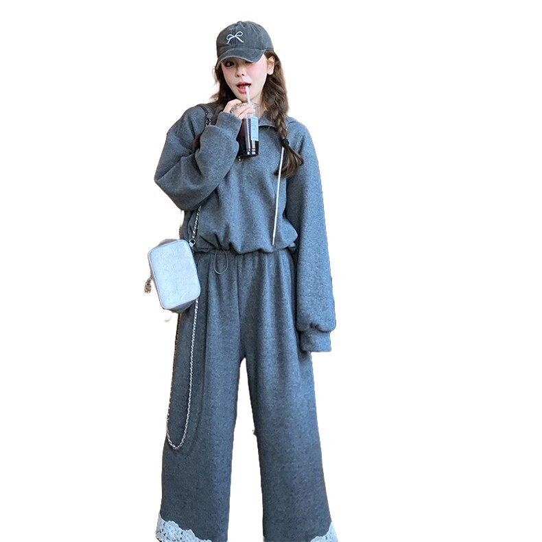 灰色韩系休闲运动卫衣套装女2025春秋季新款蕾丝拼接阔腿裤两件套,女装套装/套裙,2C187