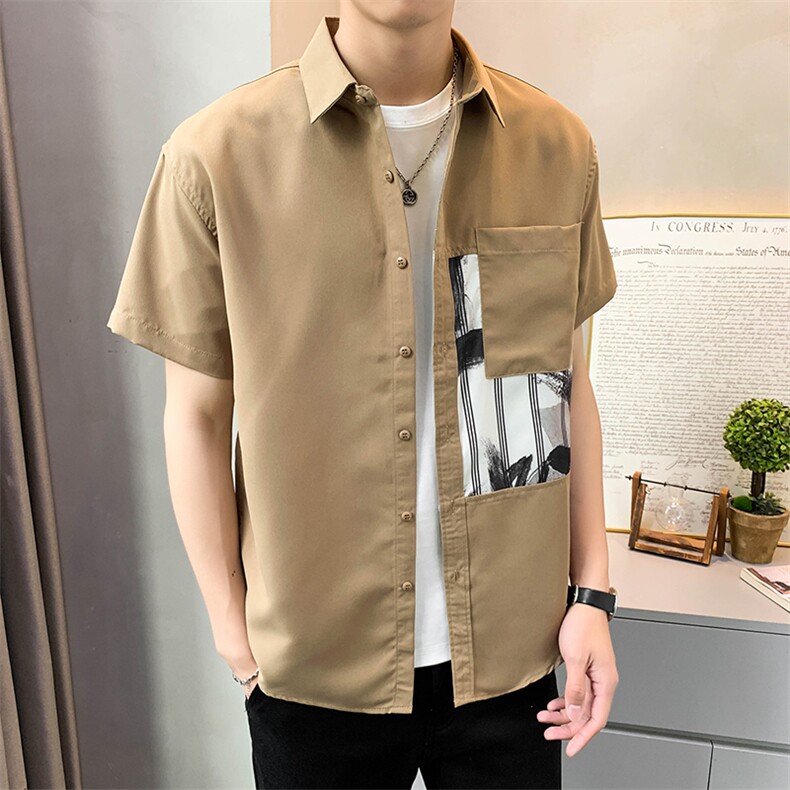 夏季轻熟店主小伙拼色宽松休闲短袖衬衫男衬衣A236-C05-P55-控88,男装T恤,电商A236