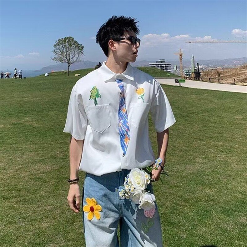 网图现货美式宽松手绘涂鸦学院风短袖衬衫CS553/P32,男装T恤,星座205-3