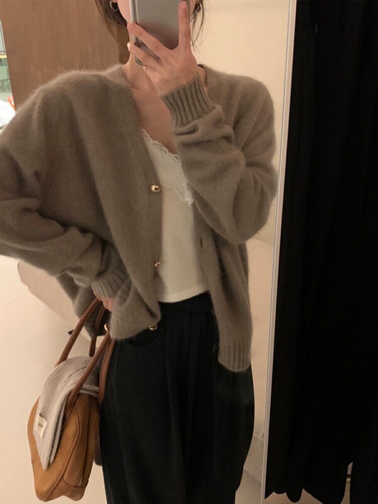 秋冬纯色V领长袖羊毛针织衫女韩版宽松时尚开衫,女装羊毛衫,恩泰羊绒