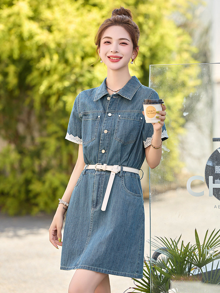 2025年夏季新款蕾丝花边拼接牛仔翻领连衣裙女,女装连衣裙,沁沁公主