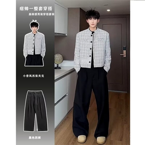网图现货 秋季短款垫肩休闲格子外套男JK183/P65图片