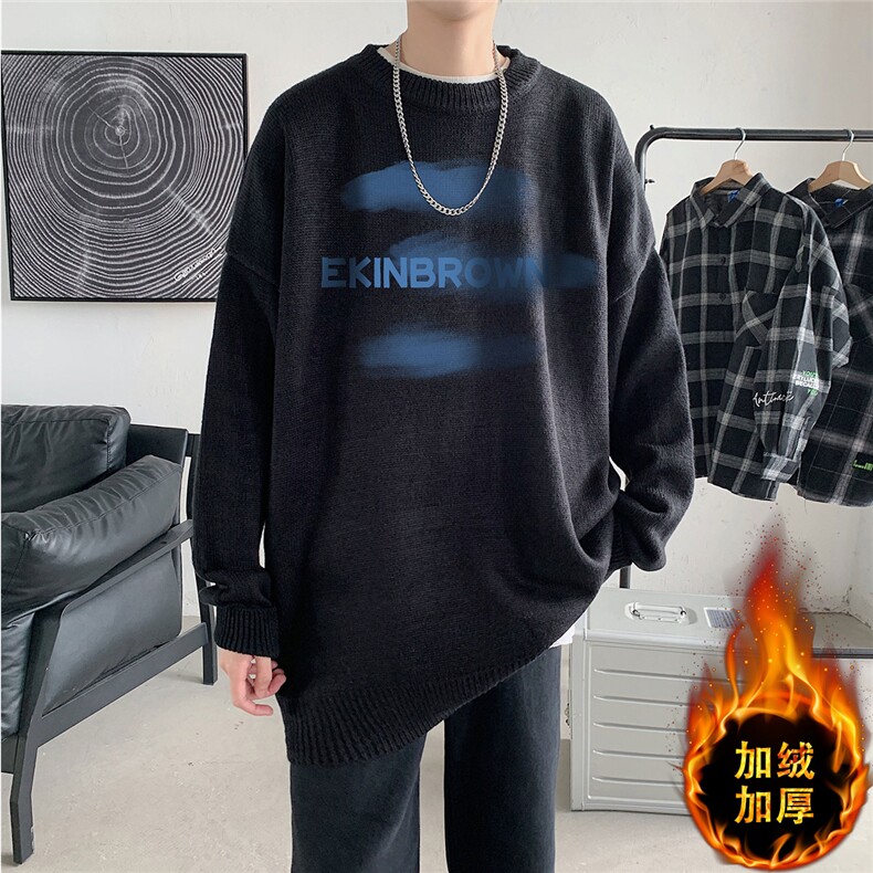 1港风圆领中性情侣潮流大码M-5XL印花毛衣男外套7916P48加绒P55图片