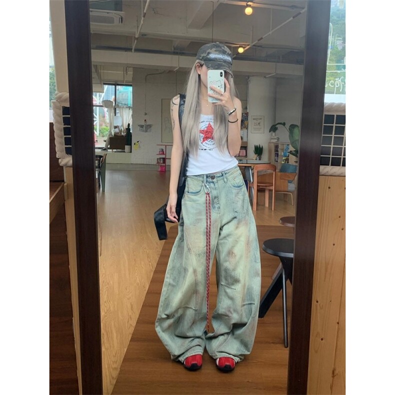 美式复古脏染做旧解构弯刀牛仔裤女新款宽松阔腿长裤NZ1450-P50,男装牛仔裤,星座308B-2