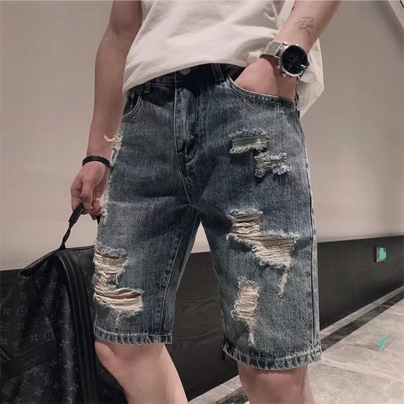 破洞牛仔短裤男士夏季薄款2025新款休闲宽松水洗五分裤直筒马裤,男装休闲裤,电商B212（原钱塘6029）