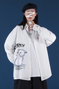 2021秋季新中性风蒙马特港风猫咪印花大码休闲男衬衫C519-P45图片