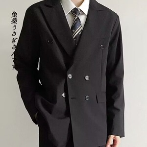 高级感黑色双排扣西装男秋季痞帅男生dk正装男装男士休闲西服外套图片