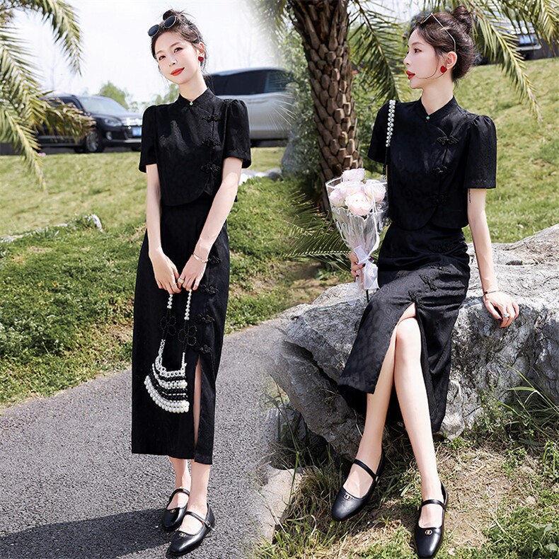 优雅气质黑色旗袍套装女夏装新款时尚显瘦短袖高腰开叉连衣裙两件套,女装套装/套裙,众宇琦