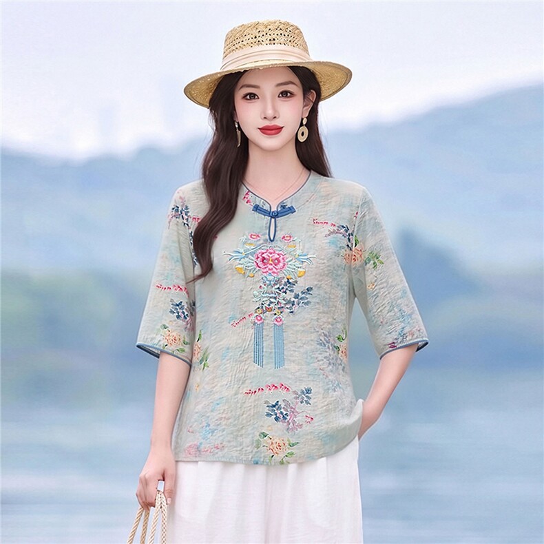 现货主推休闲时尚短袖套装女新款穿搭一整套新中式刺绣两件套,女装套装/套裙,韩蔻秀