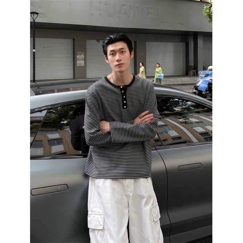 春季学院风百搭宽松条纹圆领亨利领长袖打底衫T恤男女TW152,男装T恤,星座1116A（原606A-3）