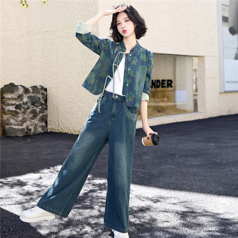新中式复古盘扣牛仔套装女2025春秋新款印花改良唐装阔腿裤两件套,女装套装/套裙,欣品汇
