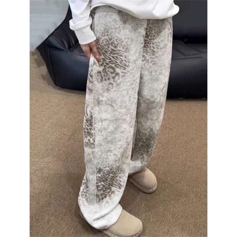 美式复古豹纹微喇裤子男款秋季重磅运动休闲卫裤宽松慵懒风阔腿裤，男装休闲裤，星座506A