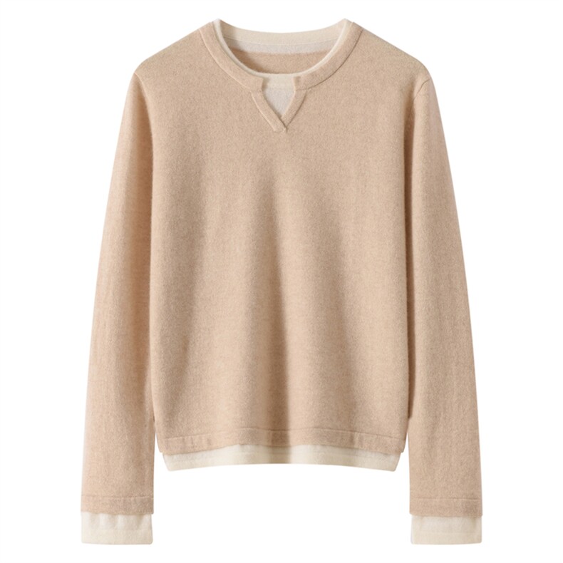 减龄休闲~气质拼色假两件100纯羊绒衫女2025秋冬保暖圆领针织毛衣，女装羊绒衫，镁纯羊绒