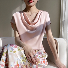 休闲法式优雅缎面一字肩薄款上衣女夏季洋气短袖t恤百搭荡领体恤，女装T恤，素语电商供货