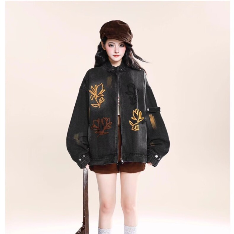 新中式风刺绣牛仔外套女短款2025春秋新款设计感小个子夹克上衣,女装衬衫,星座218-8