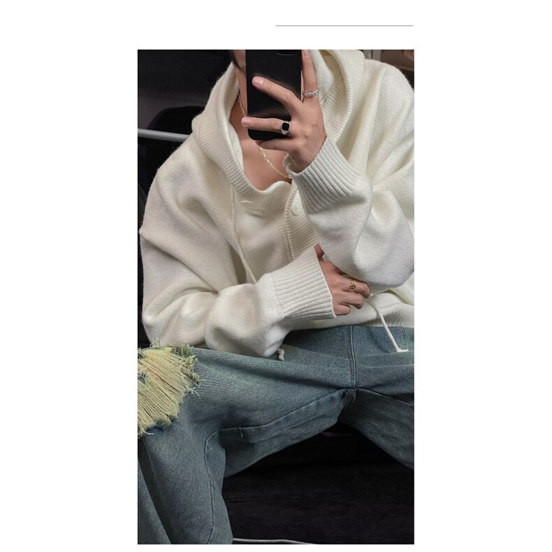 韩式慵懒风连帽毛衣男女宽松简约百搭情侣半开衫针织衫-M3483图片
