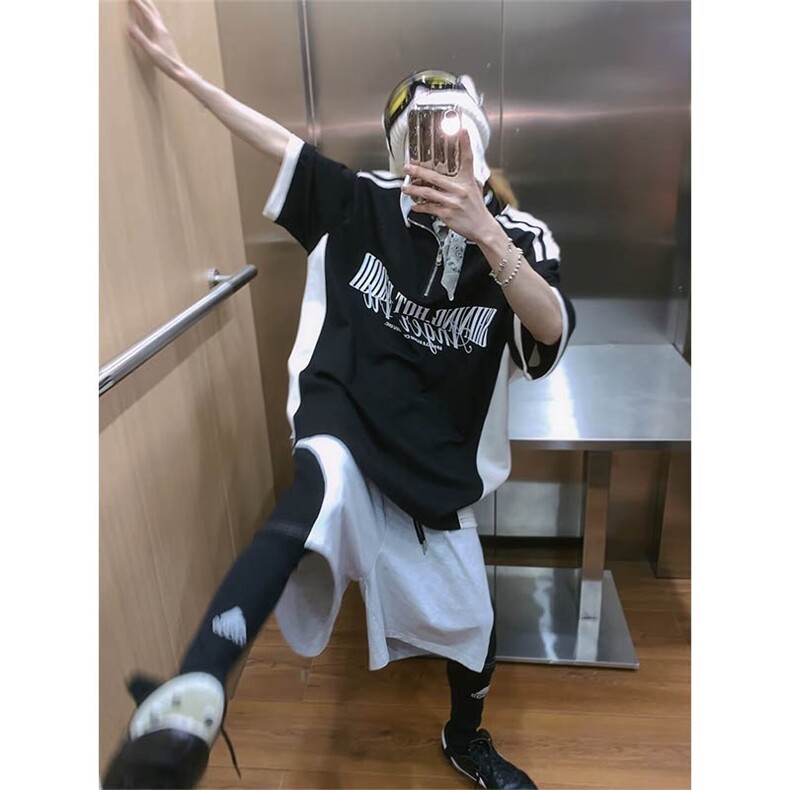 网络图现货翻领半拉链宽松慵懒短袖上衣拼色运动半袖T恤RT08-P55图片