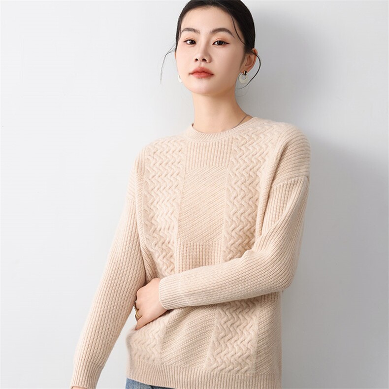 秋冬季新款舒适显瘦时尚百搭5针花型格圆领羊毛衫,女装羊毛衫,琳尚羊绒