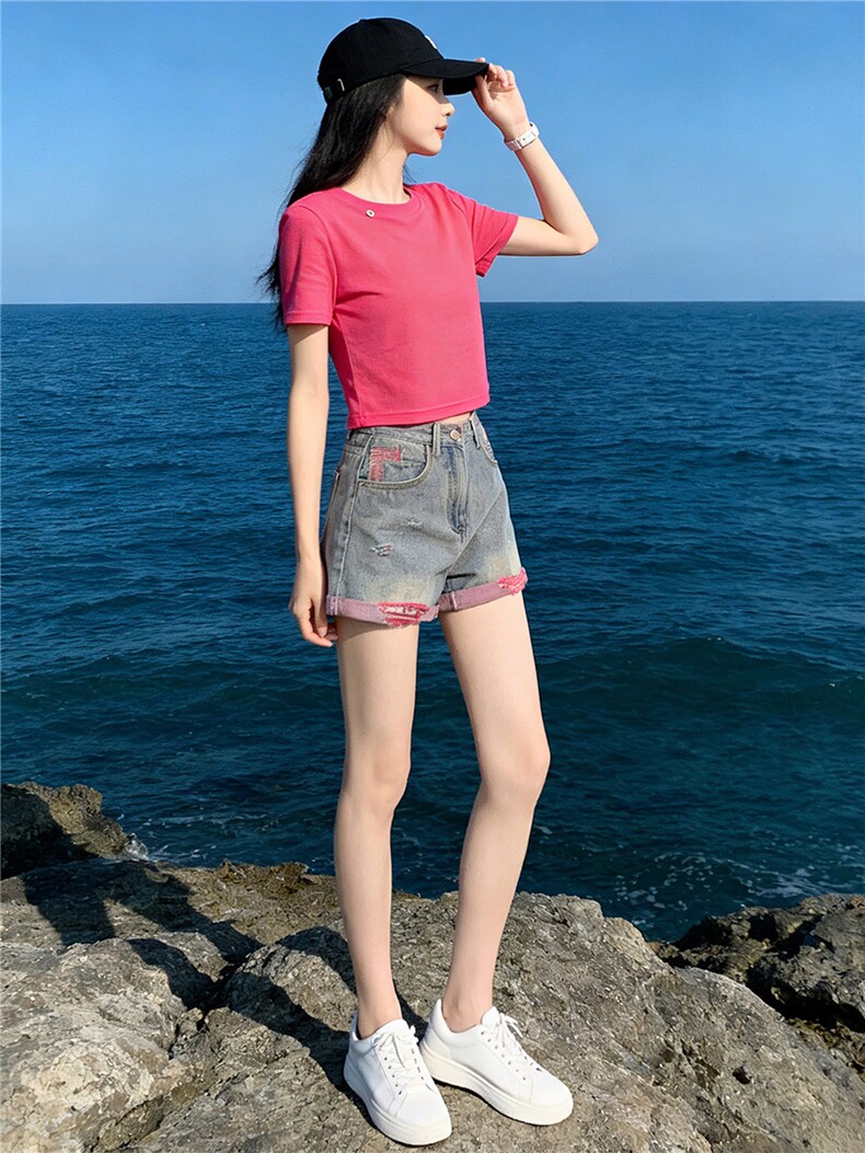韩版休闲时尚套装女夏新款玫红色圆领短袖上衣破洞牛仔短裤两件套,女装套装/套裙,江南